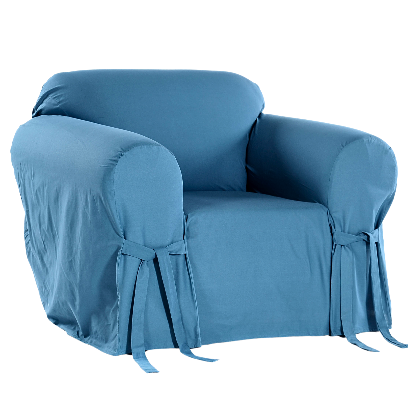 blue armchair covered with a fitted slipcover on a white background