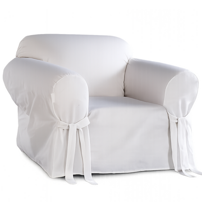 White armchair covered with a fitted slipcover on a white background