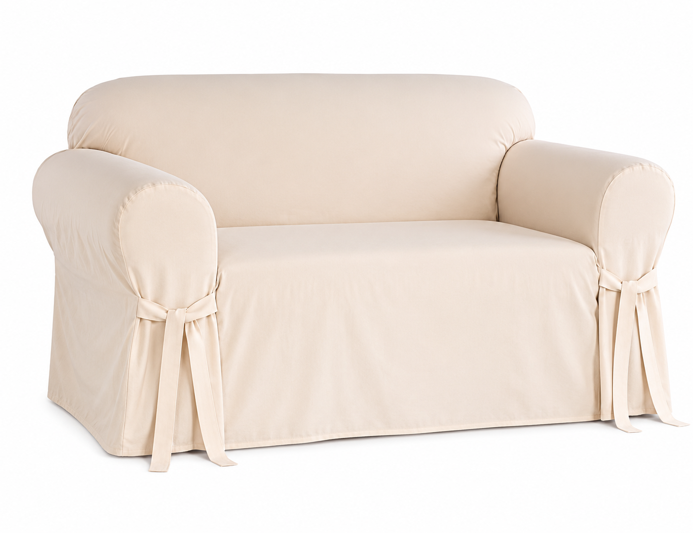 natural colored loveseat covered with a fitted slipcover on a white background