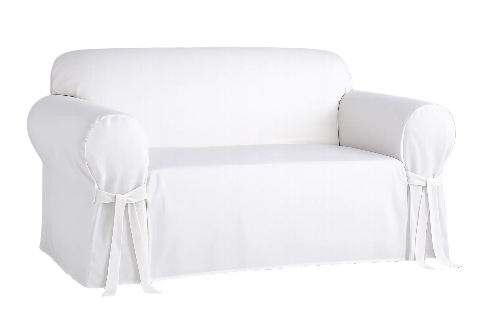 White loveseat covered with a fitted slipcover on a white background