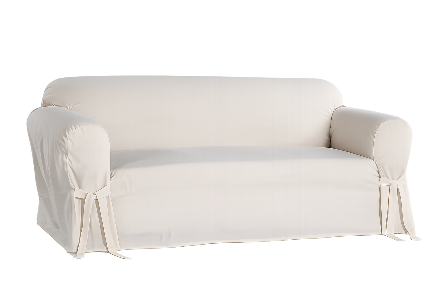 natural colored sofa covered with a fitted slipcover on a white background
