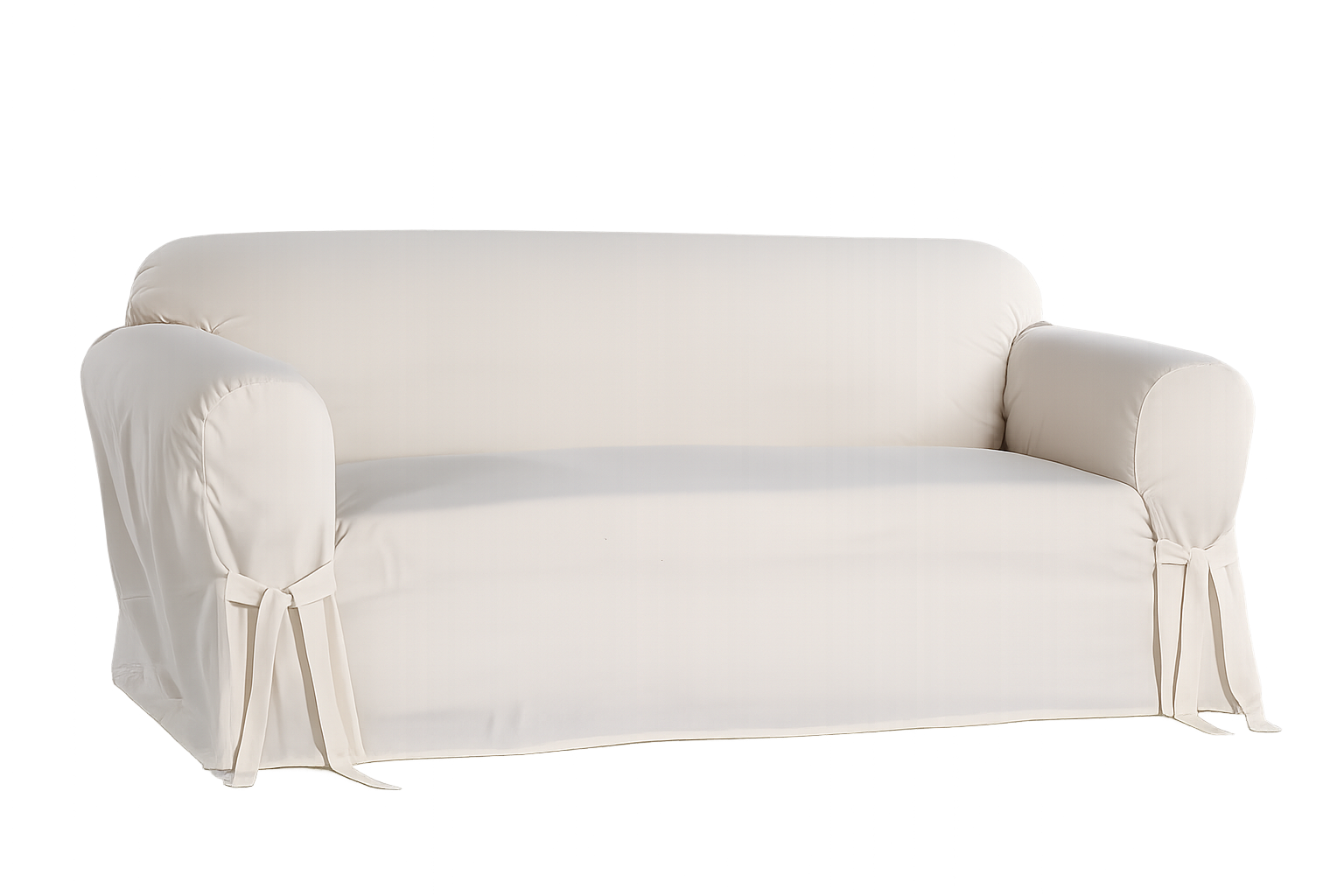 natural colored sofa covered with a fitted slipcover on a white background