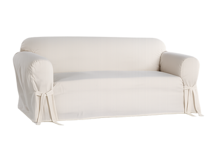 natural colored sofa covered with a fitted slipcover on a white background