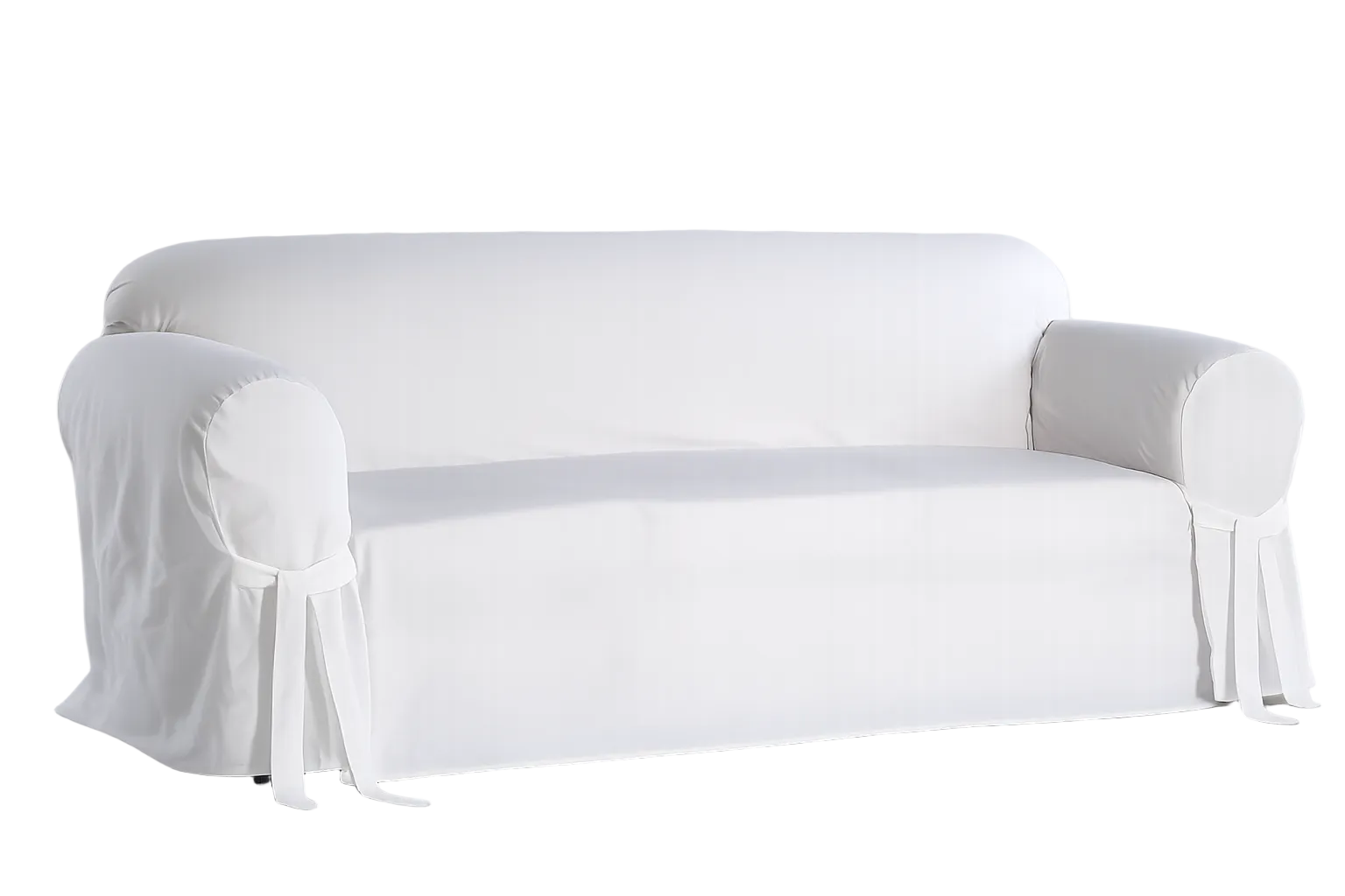 White sofa covered with a fitted slipcover on a white background