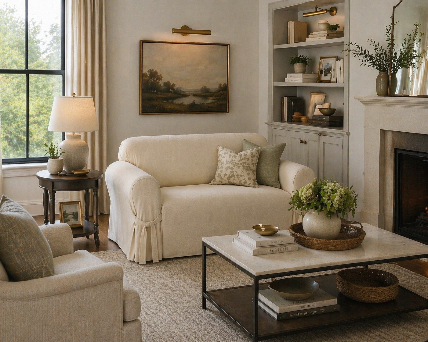 Twill One-Piece Loveseat Slipcover